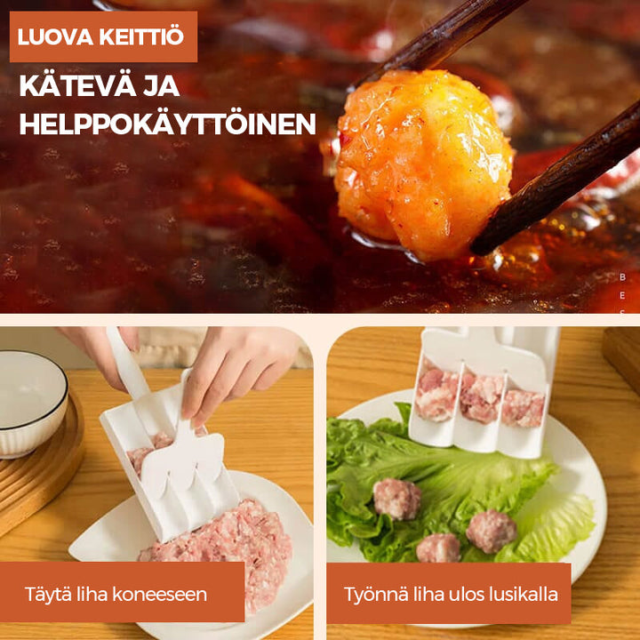 Valkoinen kolminkertainen lihapullakone, PP-materiaali, pitkä kahva, kolme lihapullaa yhdellä puristuksella, keittiöväline.