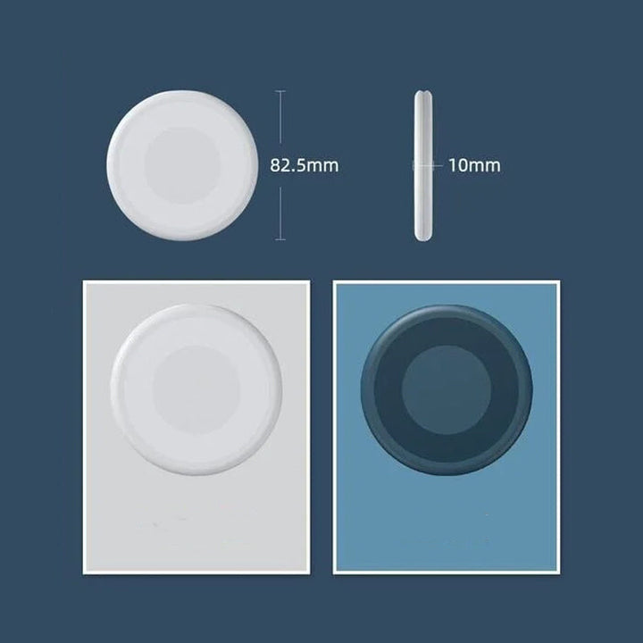 Kompakt hvid mini gadget opbevaringsboks med SIM-port, kabler og foldbar holder, ideel til rejser.