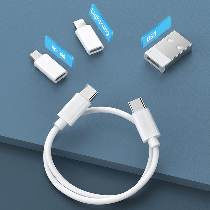 Kompakt hvid mini gadget opbevaringsboks med SIM-port, kabler og foldbar holder, ideel til rejser.