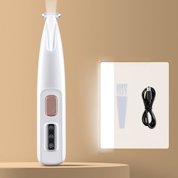 Hvid trimmer til kæledyr med LED-lys, brede blade, stilfuldt design, effektiv klipning og fremragende synlighed.