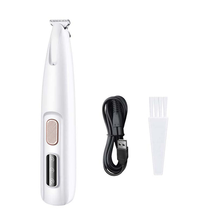 Hvid trimmer til kæledyr med LED-lys, brede blade, stilfuldt design, effektiv klipning og fremragende synlighed.
