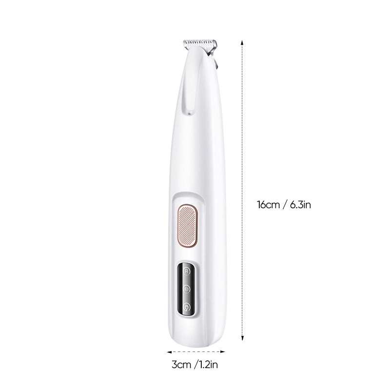 Hvid trimmer til kæledyr med LED-lys, brede blade, stilfuldt design, effektiv klipning og fremragende synlighed.