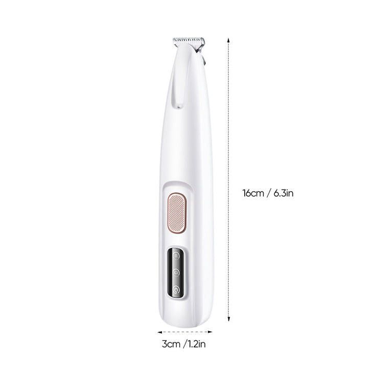 Hvid trimmer til kæledyr med LED-lys, brede blade, stilfuldt design, effektiv klipning og fremragende synlighed.