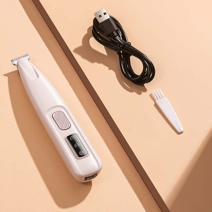Hvid trimmer til kæledyr med LED-lys, brede blade, stilfuldt design, effektiv klipning og fremragende synlighed.
