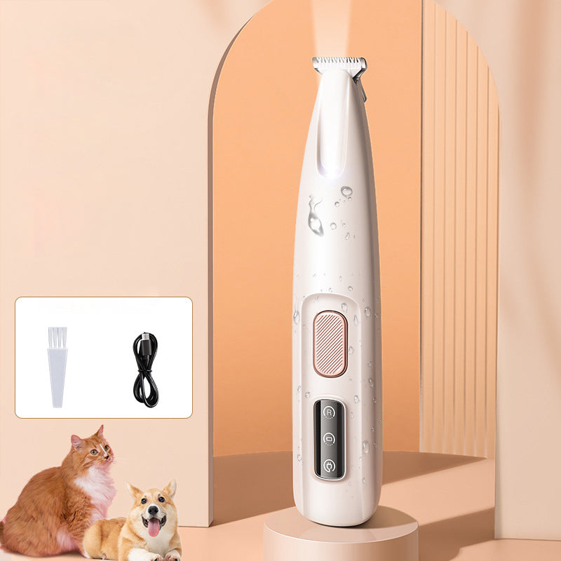Hvid trimmer til kæledyr med LED-lys, brede blade, stilfuldt design, effektiv klipning og fremragende synlighed.