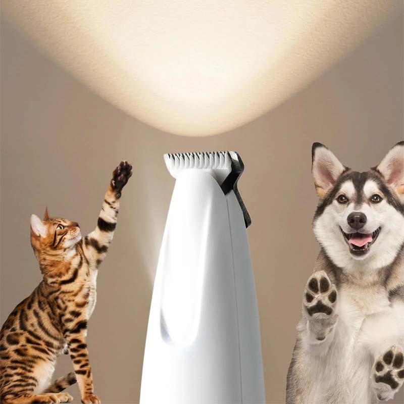 Hvid trimmer til kæledyr med LED-lys, brede blade, stilfuldt design, effektiv klipning og fremragende synlighed.