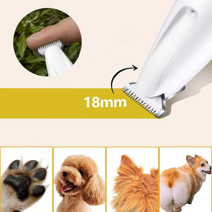 Hvid trimmer til kæledyr med LED-lys, brede blade, stilfuldt design, effektiv klipning og fremragende synlighed.