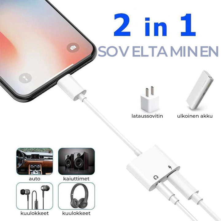 Hvid mænds høretelefonadapter til iPhone, kompakt og holdbar, tilbyder opladning og lydfunktioner.