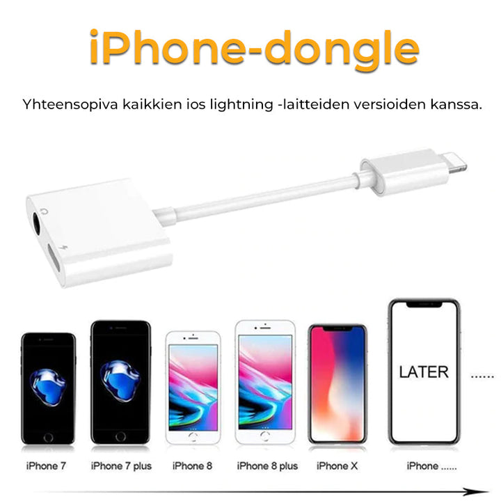 Hvid mænds høretelefonadapter til iPhone, kompakt og holdbar, tilbyder opladning og lydfunktioner.