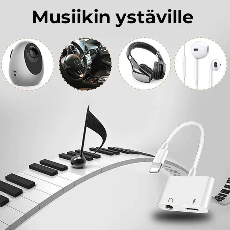 Hvid mænds høretelefonadapter til iPhone, kompakt og holdbar, tilbyder opladning og lydfunktioner.