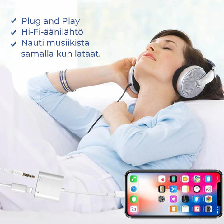 Hvid mænds høretelefonadapter til iPhone, kompakt og holdbar, tilbyder opladning og lydfunktioner.