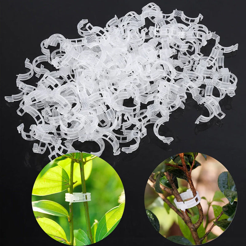 Hvide plastik plantestøtteklemmer til haven, hul design, til støtte af klatreplanter og fremme af sund vækst.