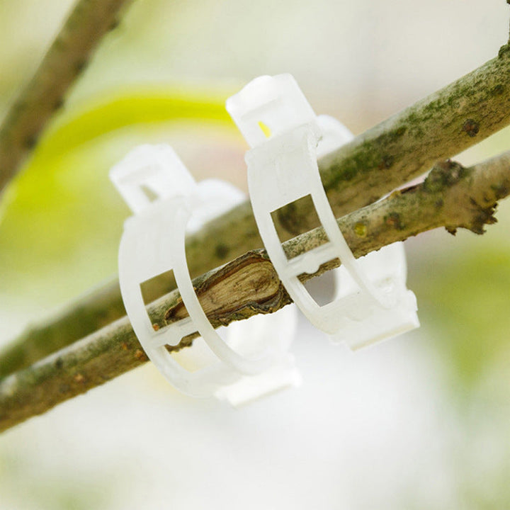 Hvide plastik plantestøtteklemmer til haven, hul design, til støtte af klatreplanter og fremme af sund vækst.