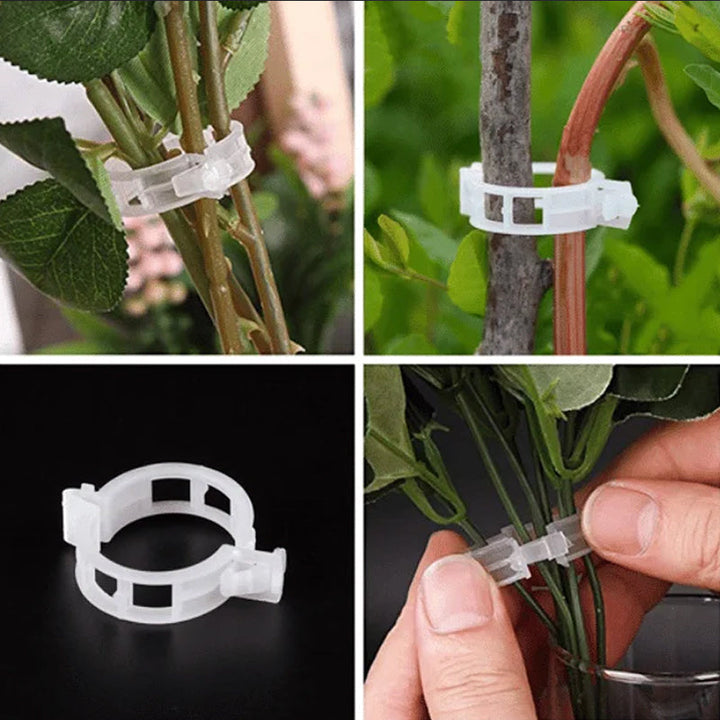 Hvide plastik plantestøtteklemmer til haven, hul design, til støtte af klatreplanter og fremme af sund vækst.