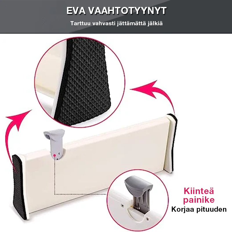"Valkoiset säädettävät laatikonjakajat keittiön tai toimiston laatikoihin, säästä aikaa ja tilaa helposti asennettavalla muot