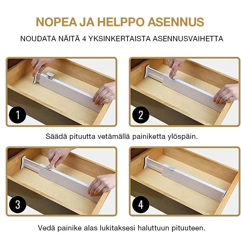 "Valkoiset säädettävät laatikonjakajat keittiön tai toimiston laatikoihin, säästä aikaa ja tilaa helposti asennettavalla muot