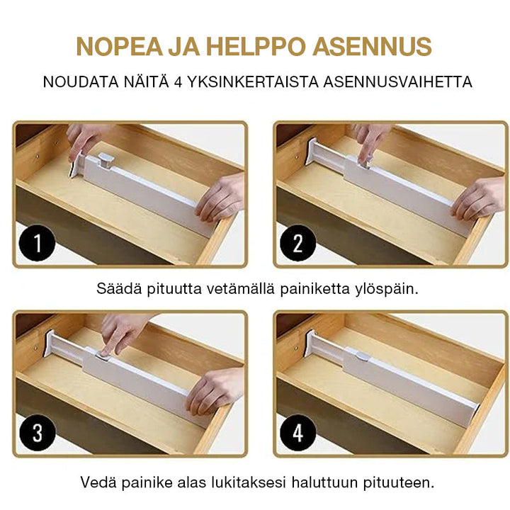 "Valkoiset säädettävät laatikonjakajat keittiön tai toimiston laatikoihin, säästä aikaa ja tilaa helposti asennettavalla muot