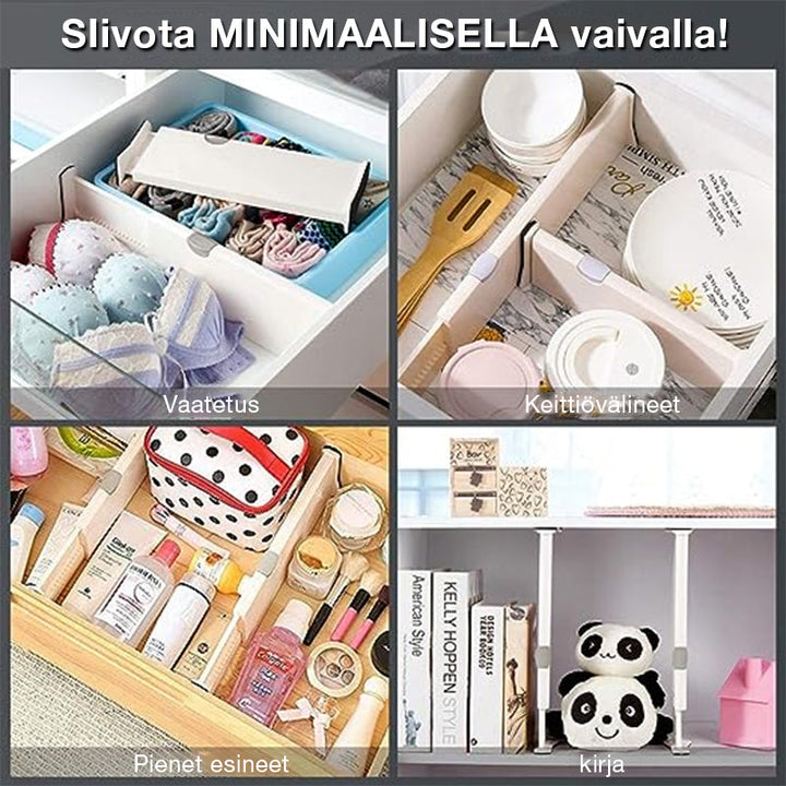 "Valkoiset säädettävät laatikonjakajat keittiön tai toimiston laatikoihin, säästä aikaa ja tilaa helposti asennettavalla muot