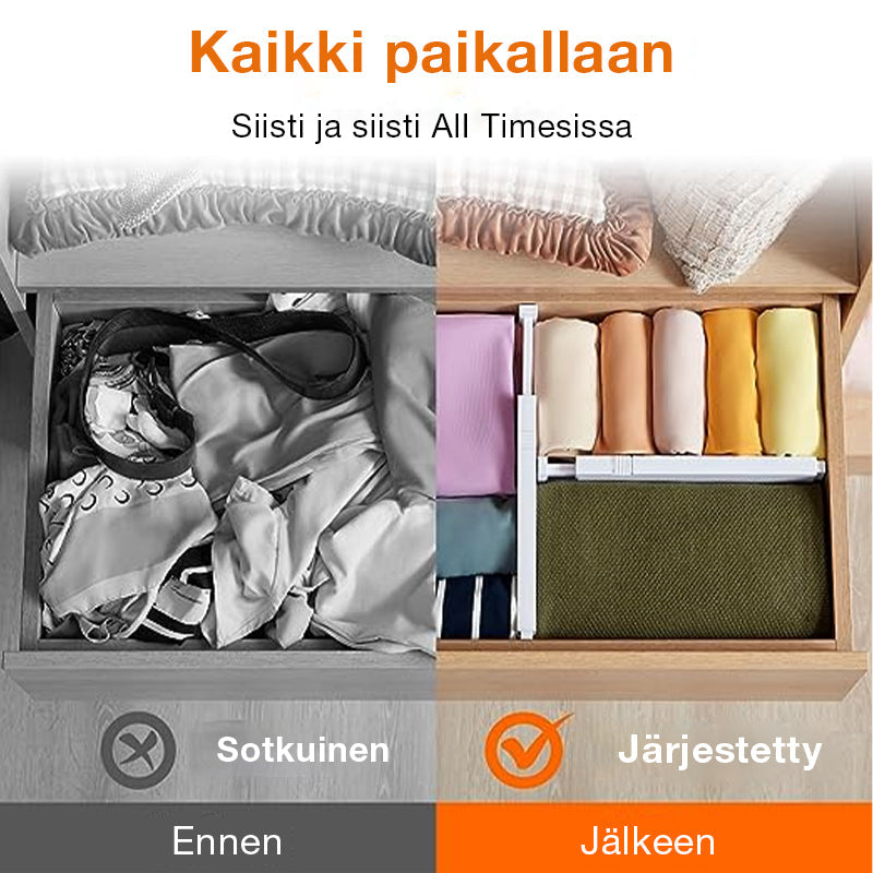"Valkoiset säädettävät laatikonjakajat keittiön tai toimiston laatikoihin, säästä aikaa ja tilaa helposti asennettavalla muot