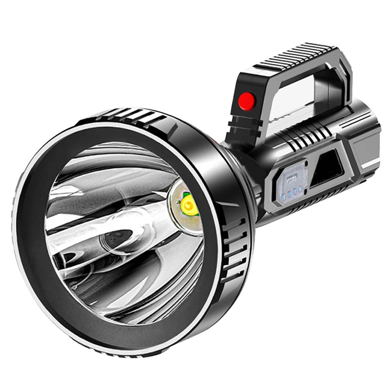 Vandtæt USB genopladelig LED lommelygte, sort ABS-skal, kraftig lyskegle, ergonomisk design.