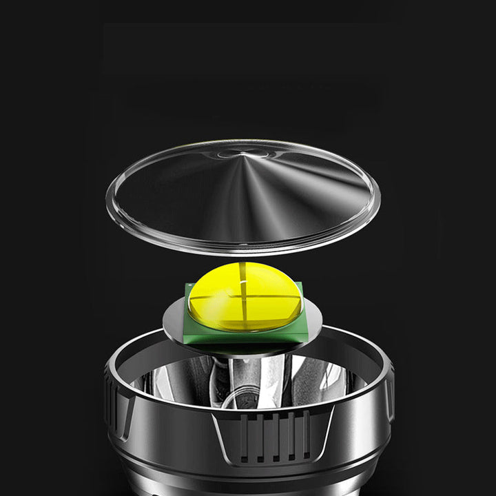 Vandtæt USB genopladelig LED lommelygte, sort ABS-skal, kraftig lyskegle, ergonomisk design.