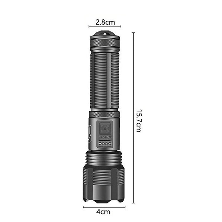 Vandtæt, USB-genopladelig militær lommelygte; sort, robust aluminiumskabinet, kraftfuldt 1800 lumen lysudbytte.