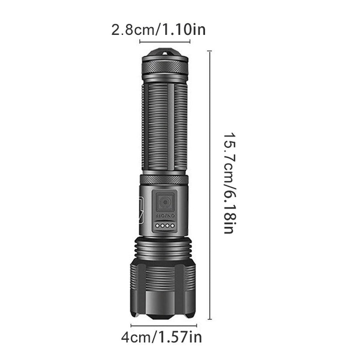 Vandtæt, USB-genopladelig militær lommelygte; sort, robust aluminiumskabinet, kraftfuldt 1800 lumen lysudbytte.