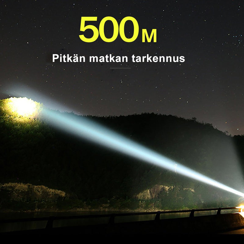 Vandtæt, USB-genopladelig militær lommelygte; sort, robust aluminiumskabinet, kraftfuldt 1800 lumen lysudbytte.