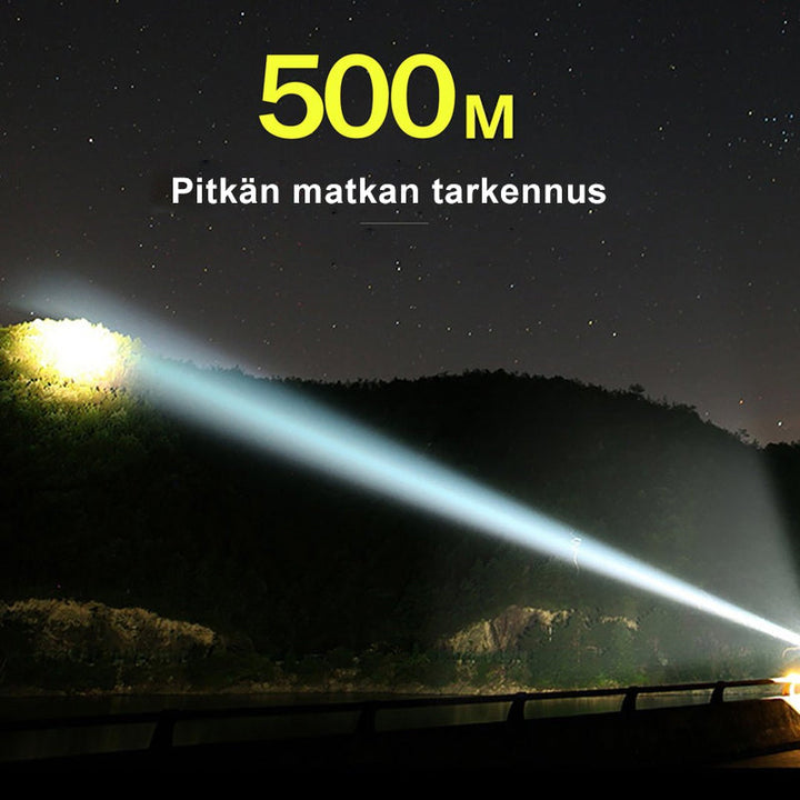 Vandtæt, USB-genopladelig militær lommelygte; sort, robust aluminiumskabinet, kraftfuldt 1800 lumen lysudbytte.