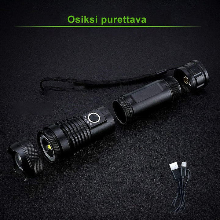 Vandtæt, USB-genopladelig militær lommelygte; sort, robust aluminiumskabinet, kraftfuldt 1800 lumen lysudbytte.