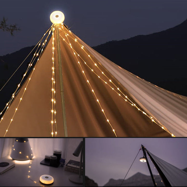 Vandtæt bærbar campinglampe, IP67, 1800mAh batteri, kraftig hvid LED, lædersnor, multifunktionel og holdbar.