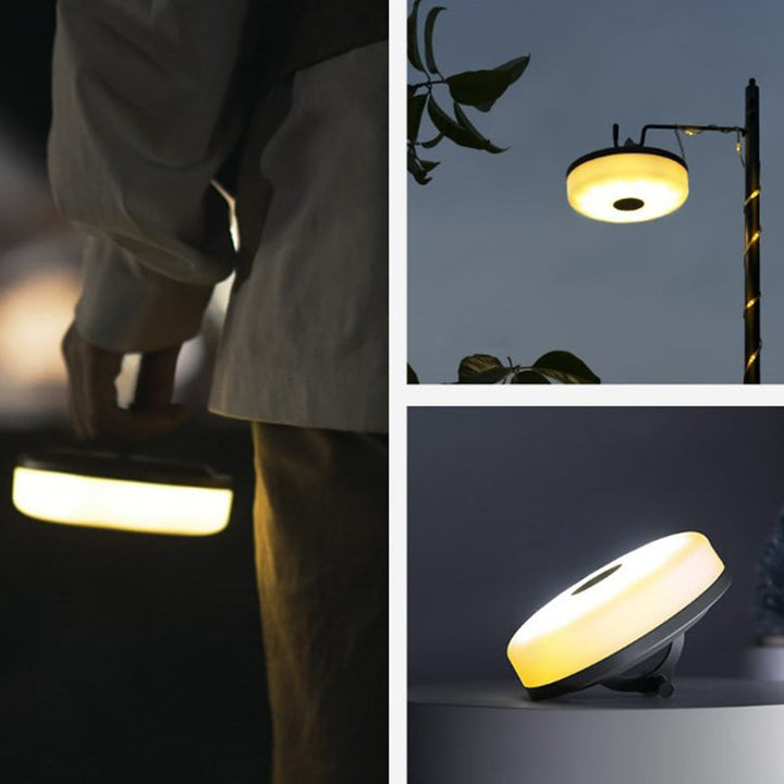 Vandtæt bærbar campinglampe, IP67, 1800mAh batteri, kraftig hvid LED, lædersnor, multifunktionel og holdbar.