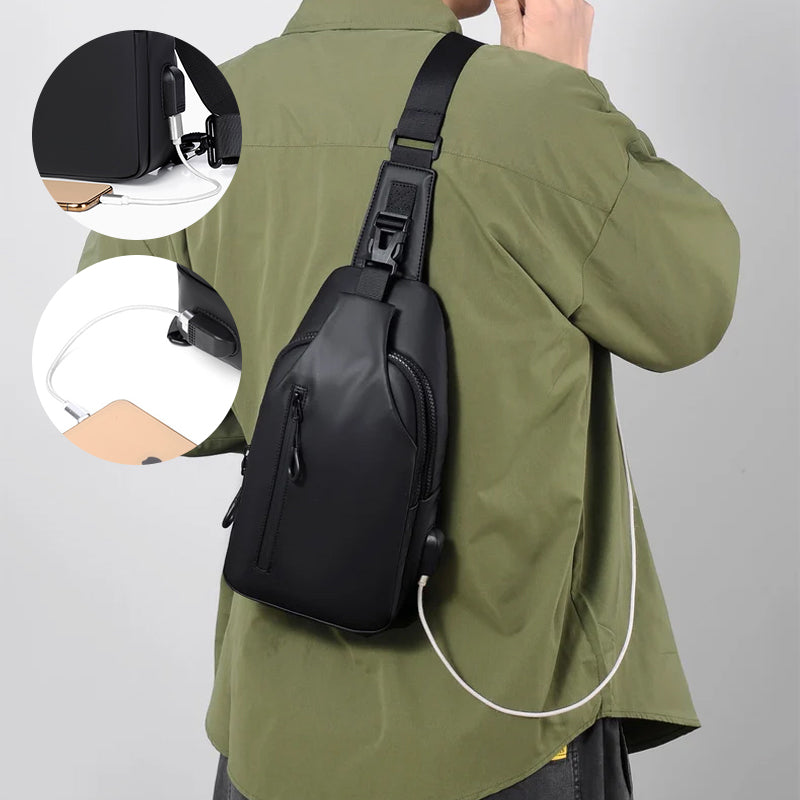 Vandtæt unisex brysttaske med USB-port, sort, blå, grå, justerbar rem, flere lommer, stilfuldt design.