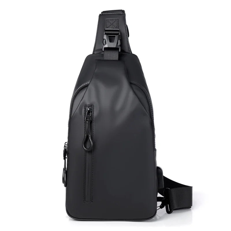Vandtæt unisex brysttaske med USB-port, sort, blå, grå, justerbar rem, flere lommer, stilfuldt design.