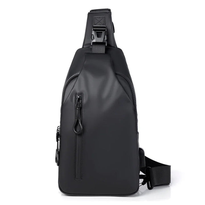 Vandtæt unisex brysttaske med USB-port, sort, blå, grå, justerbar rem, flere lommer, stilfuldt design.