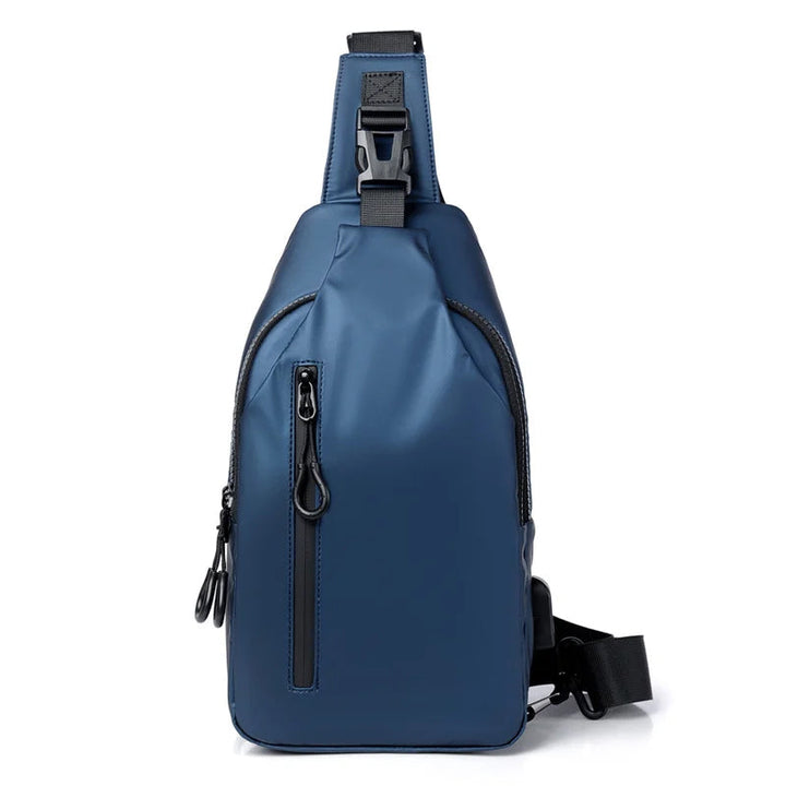 Vandtæt unisex brysttaske med USB-port, sort, blå, grå, justerbar rem, flere lommer, stilfuldt design.