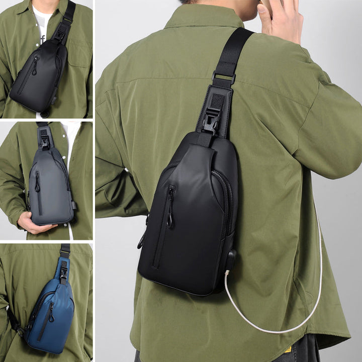 Vandtæt unisex brysttaske med USB-port, sort, blå, grå, justerbar rem, flere lommer, stilfuldt design.