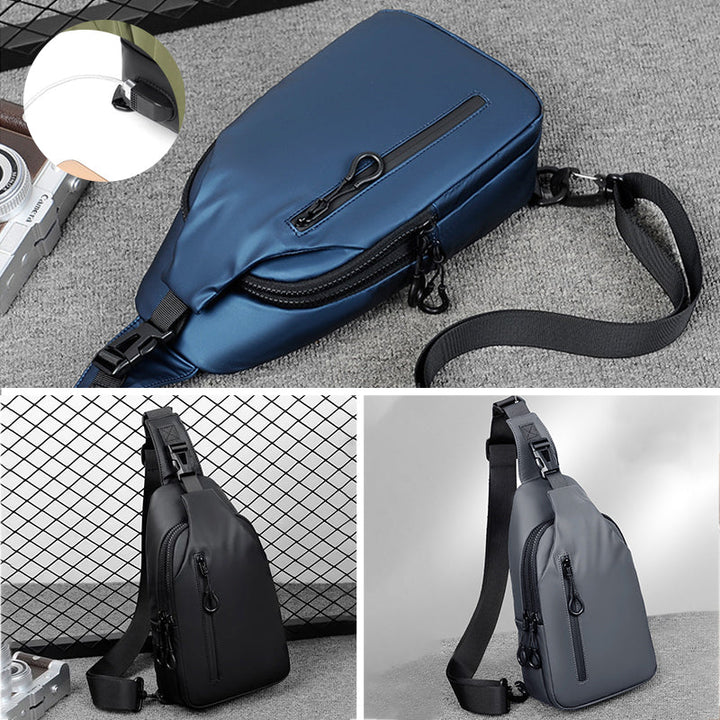 Vandtæt unisex brysttaske med USB-port, sort, blå, grå, justerbar rem, flere lommer, stilfuldt design.