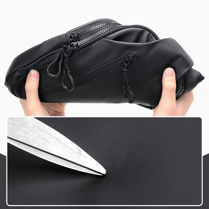 Vandtæt unisex brysttaske med USB-port, sort, blå, grå, justerbar rem, flere lommer, stilfuldt design.