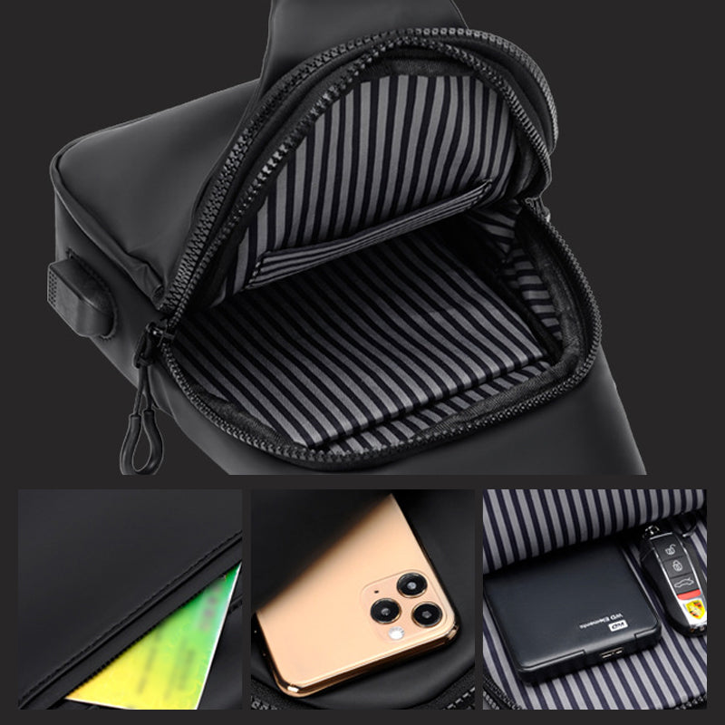 Vandtæt unisex brysttaske med USB-port, sort, blå, grå, justerbar rem, flere lommer, stilfuldt design.