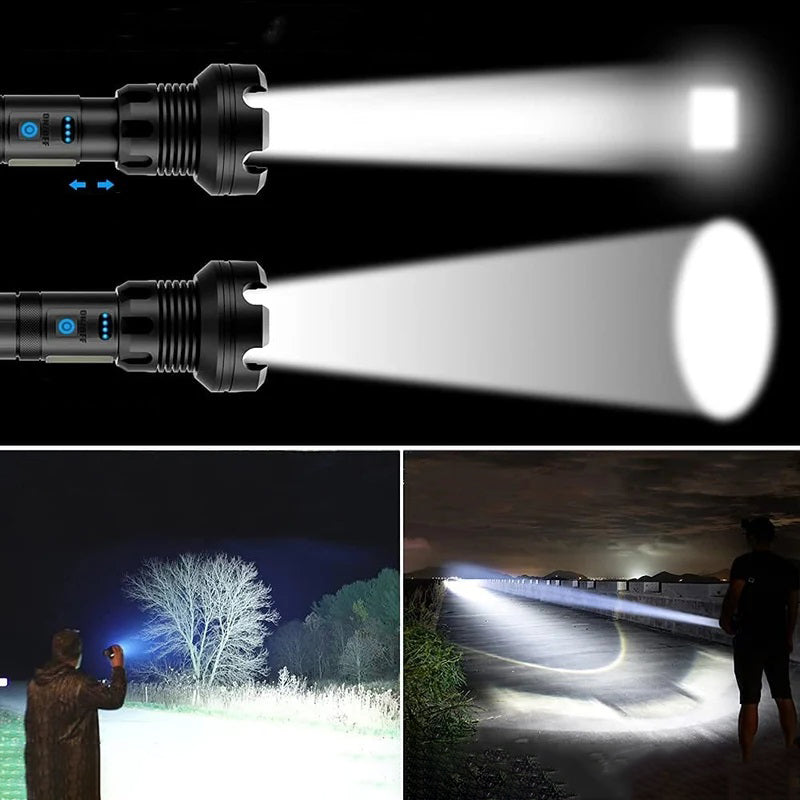 Vandtæt IPX6 XHP50 LED Lommelygte til udendørs brug, militærklasse aluminiumshus, 5 lystilstande, USB-genopladelig.