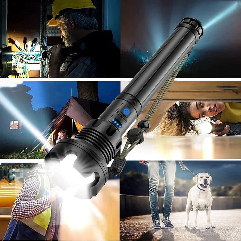 Vandtæt IPX6 XHP50 LED Lommelygte til udendørs brug, militærklasse aluminiumshus, 5 lystilstande, USB-genopladelig.
