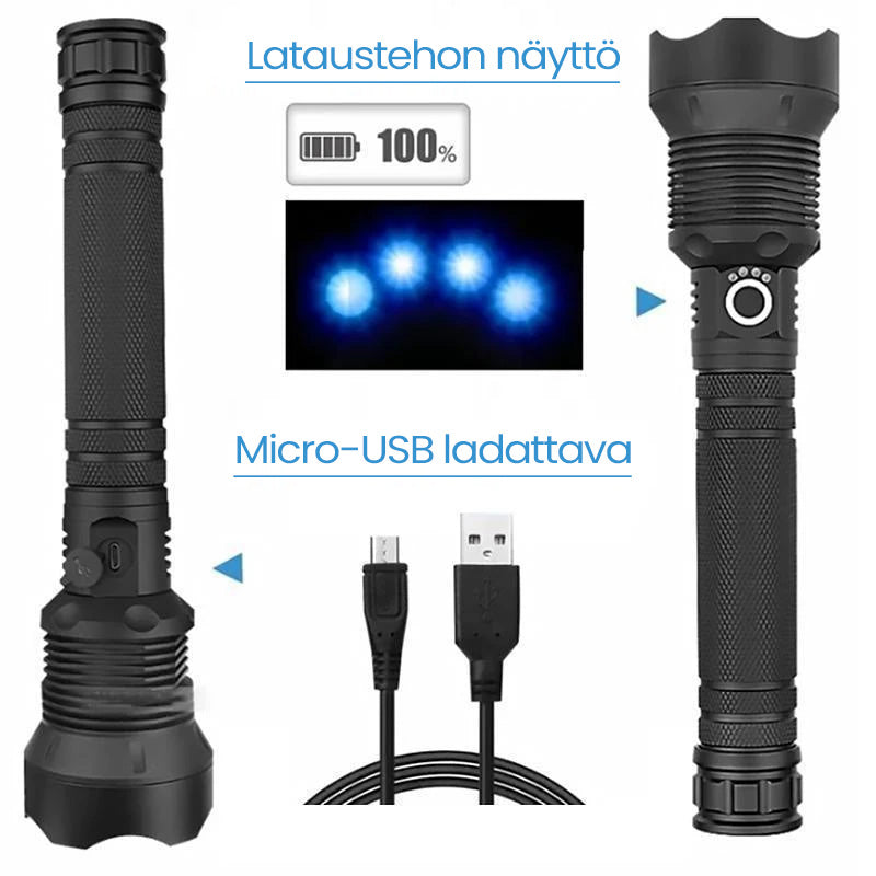Vandtæt IPX6 XHP50 LED Lommelygte til udendørs brug, militærklasse aluminiumshus, 5 lystilstande, USB-genopladelig.