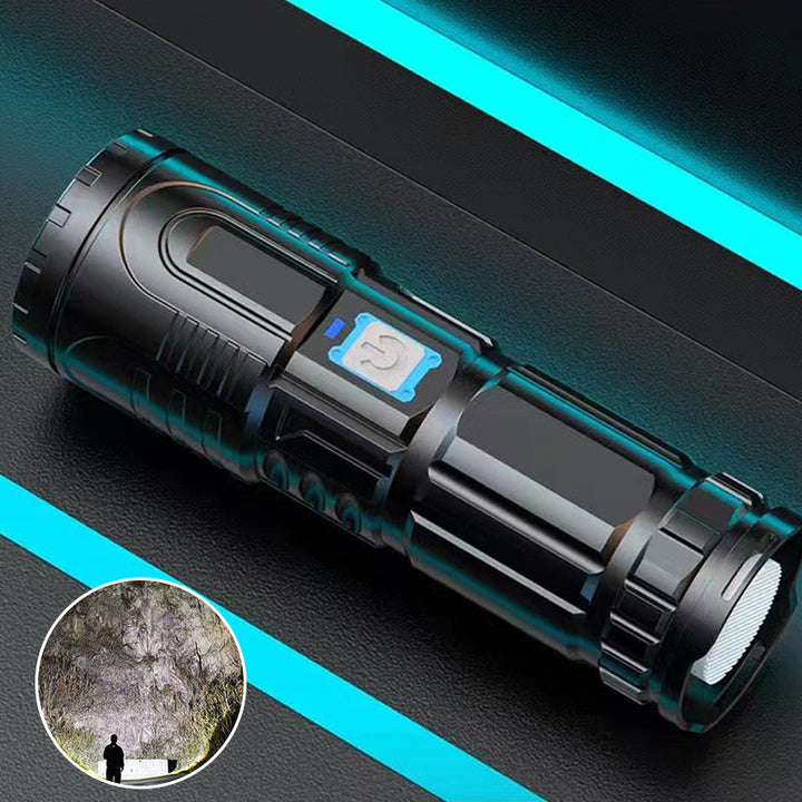 Vandtæt sort LED zoom lommelygte, 3000 lumen, ideel til camping og udendørs eventyr.