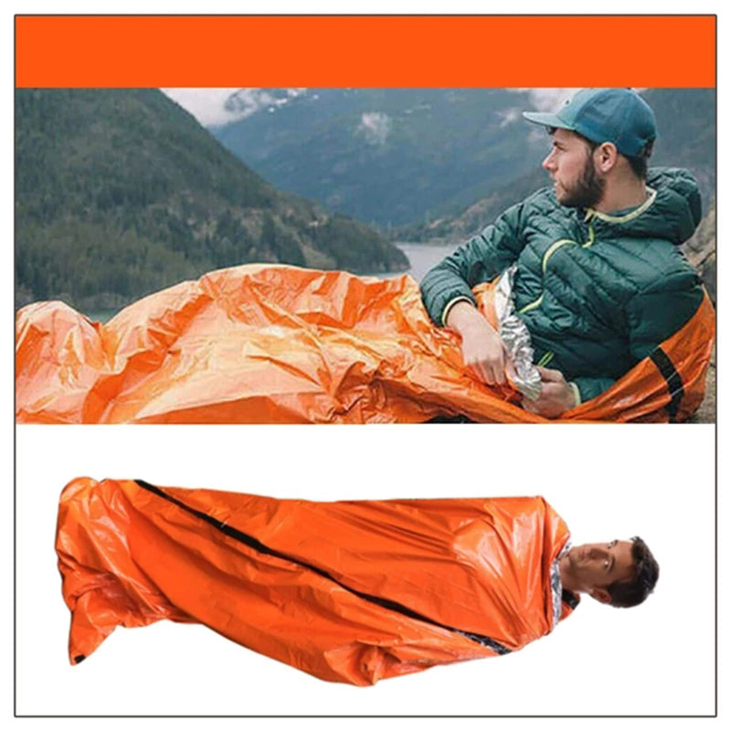 Vandtæt orange nødsøvepose til udendørs brug, klar orange farve, let, velegnet til camping og udendørs brug.
