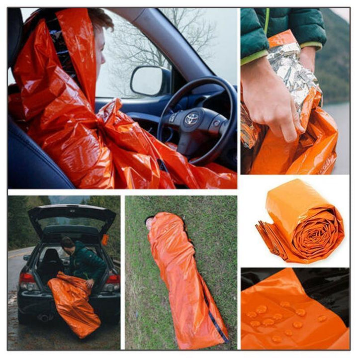Vandtæt orange nødsøvepose til udendørs brug, klar orange farve, let, velegnet til camping og udendørs brug.