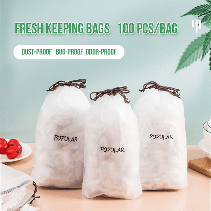Udvidelsesbare madopbevaringslåg, 100 stk, gennemsigtig HDPE/LDPE, miljøvenlig, passer til forskellige størrelser beholdere.