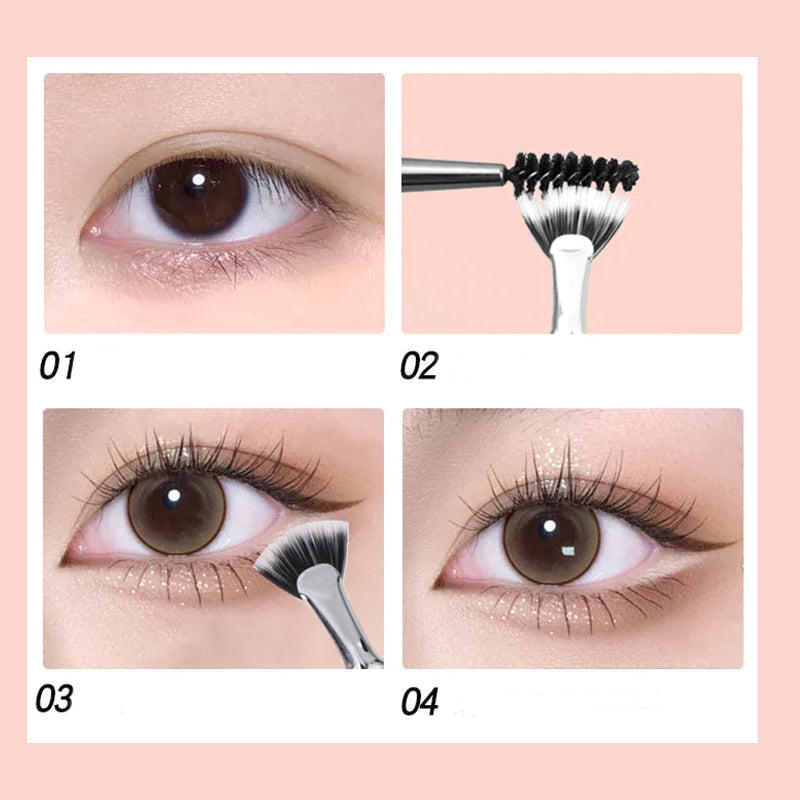 Vifteformet vinklet øjenvippebørste, sort, massiv træskaft, elegant øjenmakeup, perfekte adskilte vipper.