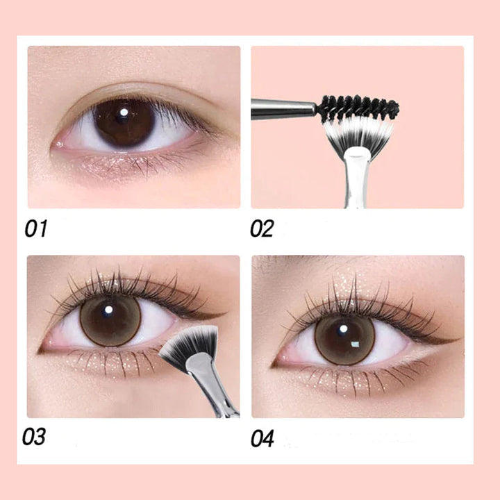 Vifteformet vinklet øjenvippebørste, sort, massiv træskaft, elegant øjenmakeup, perfekte adskilte vipper.