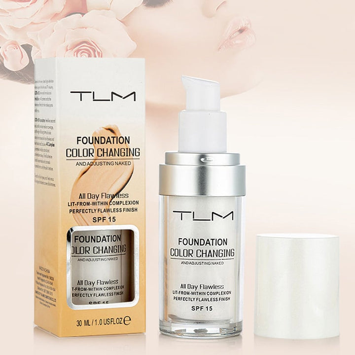 Farveændrende makeup til voksen hud, naturlig nuance, minimerer porer, mat finish, 30 ml beholder.